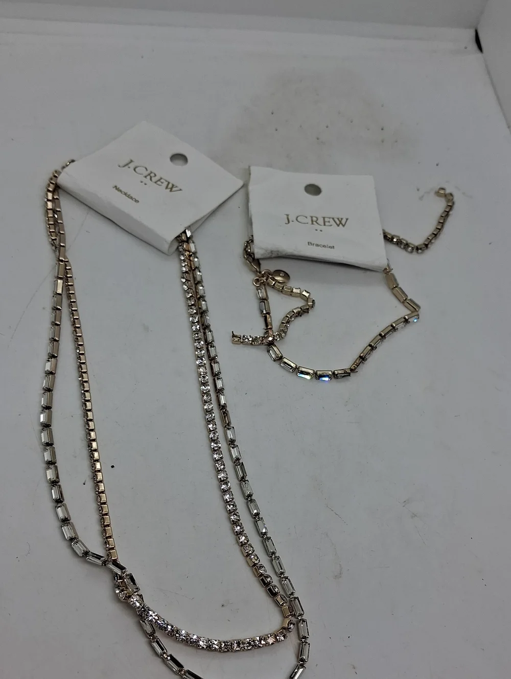J. Crew Two-Tone Layered Crystal Chain Necklace & Bracelet Set Silver & Gold